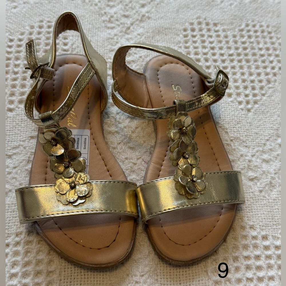 Gold Floral T-Strap Toddler Girl Sandals - Size 9